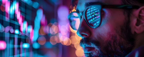 Poster - Futuristic Finance Analyst Scrutinizing Intricate Glowing Data Visualizations