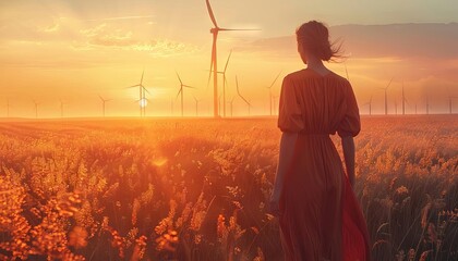 A conceptual image of wind turbines as the backdrop for a fashion shoot, emphasizing sustainability in lifestyle