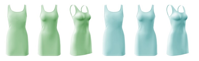 2 Set of pastel green turquoise bodycon sleeveless basic everyday tank tee dress round neck, front back side view on transparent background cutout, PNG file. Mockup template for artwork design