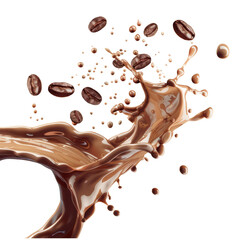 Coffee milk liquid swirl splash and little bubbles with falling coffee Beans isolated on transparent png background