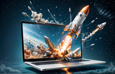 a laptop with a rocket coming out of it, alamy stock photo, affinity photo, 2019 trending photo, svg illustration, take off, blast, realistic parallel content