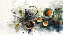 A Beautiful Watercolor Painting Of A Teapot And Teacups. The Perfect Way To Relax And Unwind.