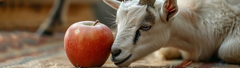 A goat is eating a red apple. The goat is standing on a wooden floor. The goat has a white coat. The apple is round and red. The apple has a brown stem.