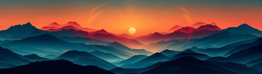 Wall Mural - Sunrise over mountains flat design front view morning theme water color Complementary Color Scheme