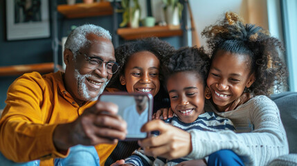 Extended multiethnic family together at home during video call. People happiness technology concept.