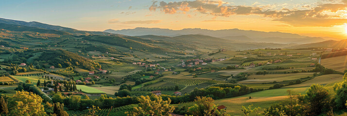 Wall Mural - Stunning Summer View of Picturesque Valley with Colorful Trees, Village, and Mountains at Dawn - Scenic Travel Destination.