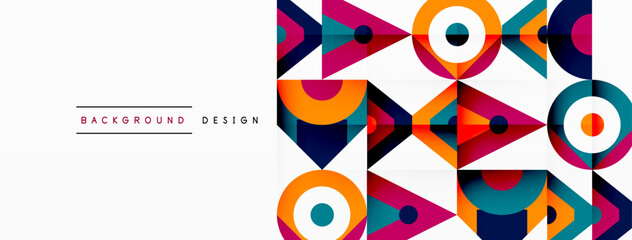 Aufkleber - A creative arts composition featuring a colorful geometric pattern of arrows, circles, triangles, and rectangles with electric blue accents, symbolizing symmetry and creativity on a white background