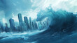 Tsunami Wave Approaching City Skyline. Disaster Concept. Large tsunami wave threatening a coastal city with skyscrapers, depicting the destructive power of natural disasters.