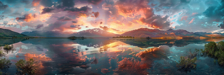 Wall Mural - Wide Mountain Lake Vista. A wide panoramic shot captures a picturesque mountain lake reflecting a dramatic sunset sky, creating a stunning natural landscape. Panoramic Nature Scenery.