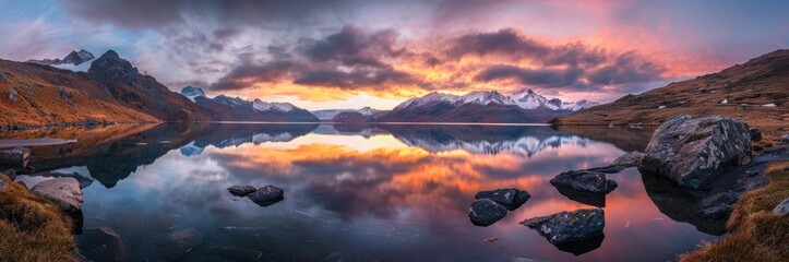 Wall Mural - Wide Mountain Lake Vista. A wide panoramic shot captures a picturesque mountain lake reflecting a dramatic sunset sky, creating a stunning natural landscape. Panoramic Nature Scenery.