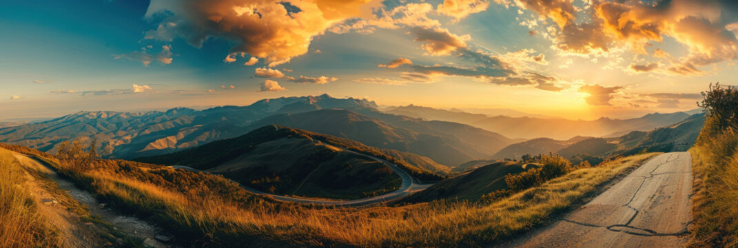 Wide Panoramic View of Majestic Mountains, Winding Road, and Golden Sunset Sky - Epic Nature Panorama. Adventure Travel Destination. --ar 3:1 Job ID: f9823f38-bf0b-44b1-9d4d-9ff371fd697f