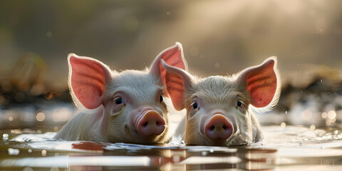 cute little pigs with pink ears, white fur and big eyes, in the water, generative AI