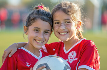 Sticker - Two young girls in red and white soccer uniforms, one holding the ball with her arms around each other's shoulders smiling at the camera