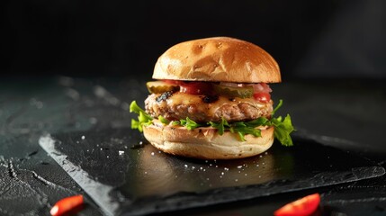 Sticker - Burger made at home displayed on a black dish