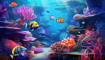 Wall Mural - Tropical fish in the underwater, coral reef, amazing underwater life, various fish and exotic coral reefs, ocean wild creatures background