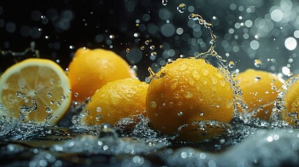 Wall Mural - Lemons immersed in water, creating a dynamic and refreshing scene with vivid splashes and droplets sparkling in the light.