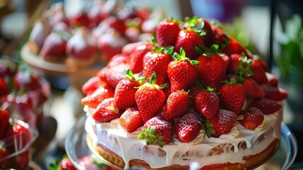 Wall Mural - Cake made with strawberries and an abundance of fresh strawberries