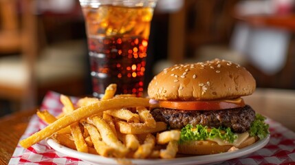 Combo meal with hamburger fries and soda