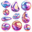 © carolina - holographic liquid blob shapes set isolated. Y2K iridescent metallic drops or colorful bubbles isolated white