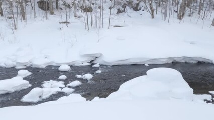 Wall Mural - wind blowing blizzard snow over frozen river winter landscape