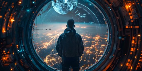 Wall Mural - gazing into the endless cosmos from the window of a futuristic space capsule a solitary astronaut co
