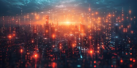 Poster - Futuristic and Vibrant Cityscape in the Night Sky with Shimmering Digital Lights and Glowing Architecture