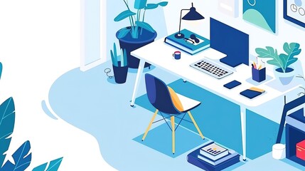 Wall Mural - isometric home office illustration with a desk, computer, plants, and other office supplies. The illustration is in a blue and white color scheme.