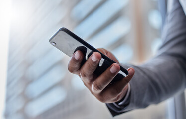 Leinwandbilder - Business, hand and person with smartphone typing in outdoor for communication, corporate and social media for networking. Employer, people and mobile or texting for search, web and contact in city