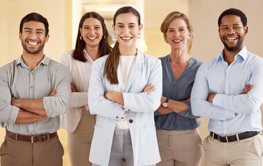 Poster - Portrait, diversity and business people with smile and arms crossed in workplace for teamwork and meeting. Men, women and partnership for international company, corporate project and collaboration