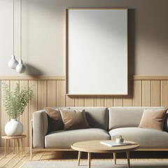 Wall Mural - A living room with a template mockup poster empty white and with a couch and a coffee table image has illustrative meaning used for printing .