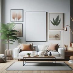 Wall Mural - A living room with a template mockup poster empty white and with a couch and a coffee table standardscalex image art photo card design.