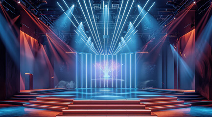 Poster - The stage is expansive, stretching far and wide to accommodate a large audience and provide ample space for performers and presenters. It features a central LED screen. Generative AI.
