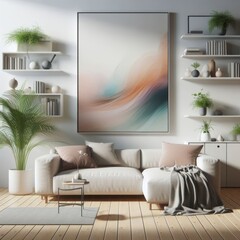 Wall Mural - A living room with a template mockup poster color and with a large painting on the wall art realistic attractive harmony.