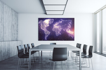 Wall Mural - Abstract graphic world map on presentation monitor in a modern boardroom, connection and communication concept. 3D Rendering