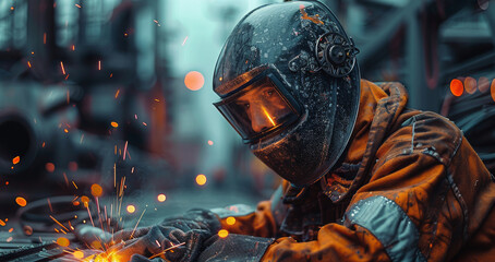 Poster - A Welder, weld metal with a arc welding machine at the construction site. Generative AI.