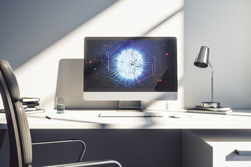 Poster - Modern computer monitor with abstract creative fingerprint hologram, research and development concept. 3D Rendering