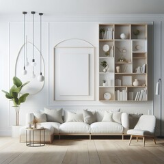 Wall Mural - A white living room with a template mockup poster empty white and with a couch and a bookcase image realistic used for printing card design.