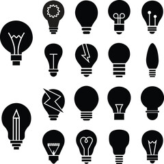 Poster - Black Light Bulb icons Set. Idea signs, solution, thinking concept. Trendy Fill styles for graphic designs. Lighting Electric lamps. Electricity, shines isolated on transparent background.