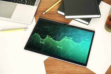 Poster - Stats data illustration on modern digital tablet monitor, computing and analytics concept. Top view. 3D Rendering