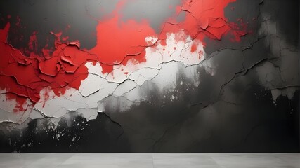 Wall Mural - With a white gradient background and an old wall texture made of cement, black, and red, the abstract dark color design is light.