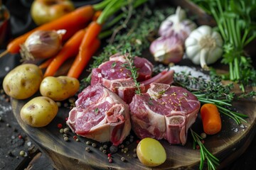Canvas Print - Closeup of raw lamb shanks, carrots, potatoes, and herbs on a wooden cutting board