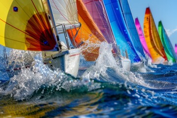 Wall Mural - A group of sailboats with colorful billowing sails engaged in a close competition on the ocean