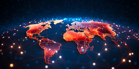 Poster - Interconnected Global Network: Glowing Red World Map with Illuminated Nodes Representing Digital Connections and Global Communication