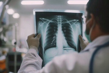 Poster - A doctor is holding a chest x-ray of a patient's lungs. Concept of concern and care for the patient's health