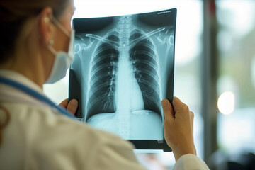 Poster - A doctor is holding a chest x-ray of a patient's lungs. Concept of concern and care for the patient's health