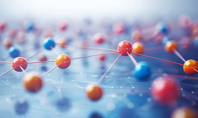 Poster - intricate network of colorful spheres connected by wires on blue background, symbolizing global comm