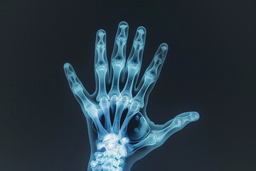 Aufkleber - A hand is shown in a black and white photo with a blue hue. The hand is shown in a skeletonized form, with the bones of the hand visible. The photo has a moody and eerie feel to it