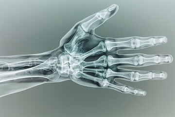 Aufkleber - A hand is shown in a black and white photo with a blue hue. The hand is shown in a skeletonized form, with the bones of the hand visible. The photo has a moody and eerie feel to it