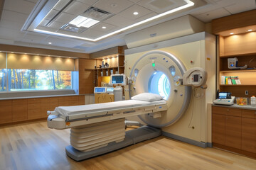Aufkleber - A large MRI machine is in a room with a blue wall. The machine is surrounded by a white bed