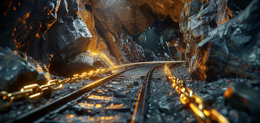 Poster - Underground mine with tracks and wagons for coal mining, view of a tunnel in an old abandoned gold or silver mine. Interior. stone cave. Generative AI.